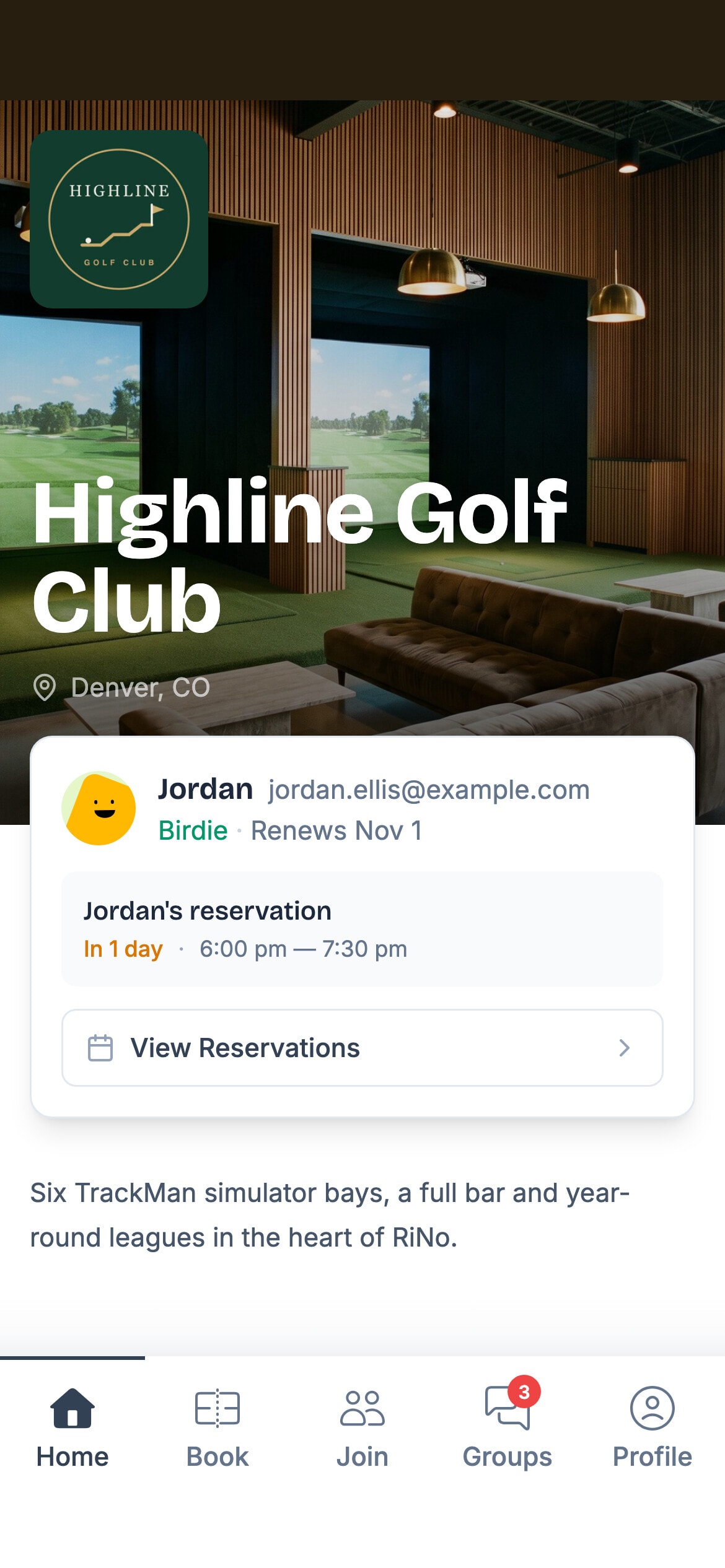A member's home screen in the TeeDesk app, with their membership and next reservation