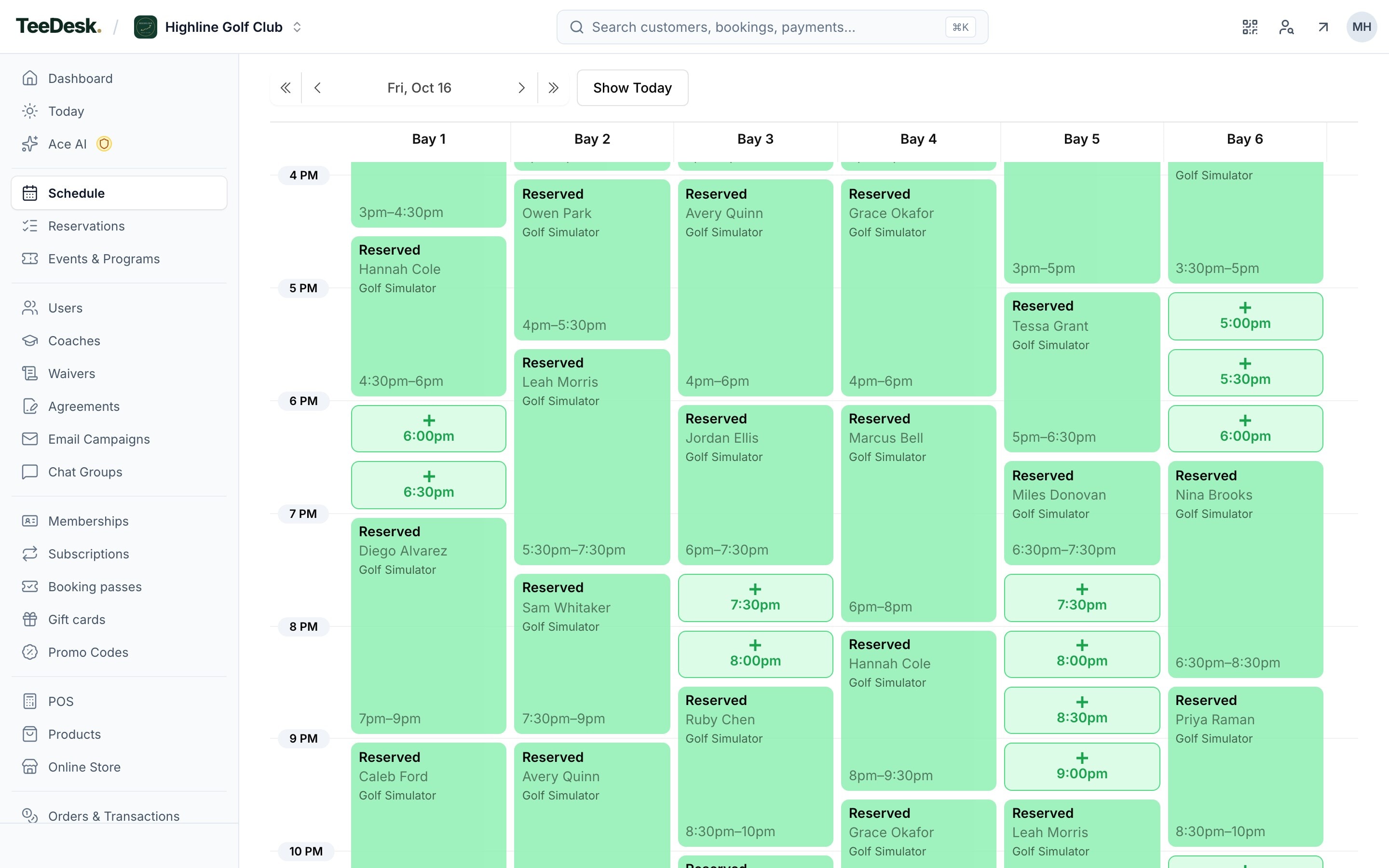 The TeeDesk bay schedule for a Friday, with bookings across six bays