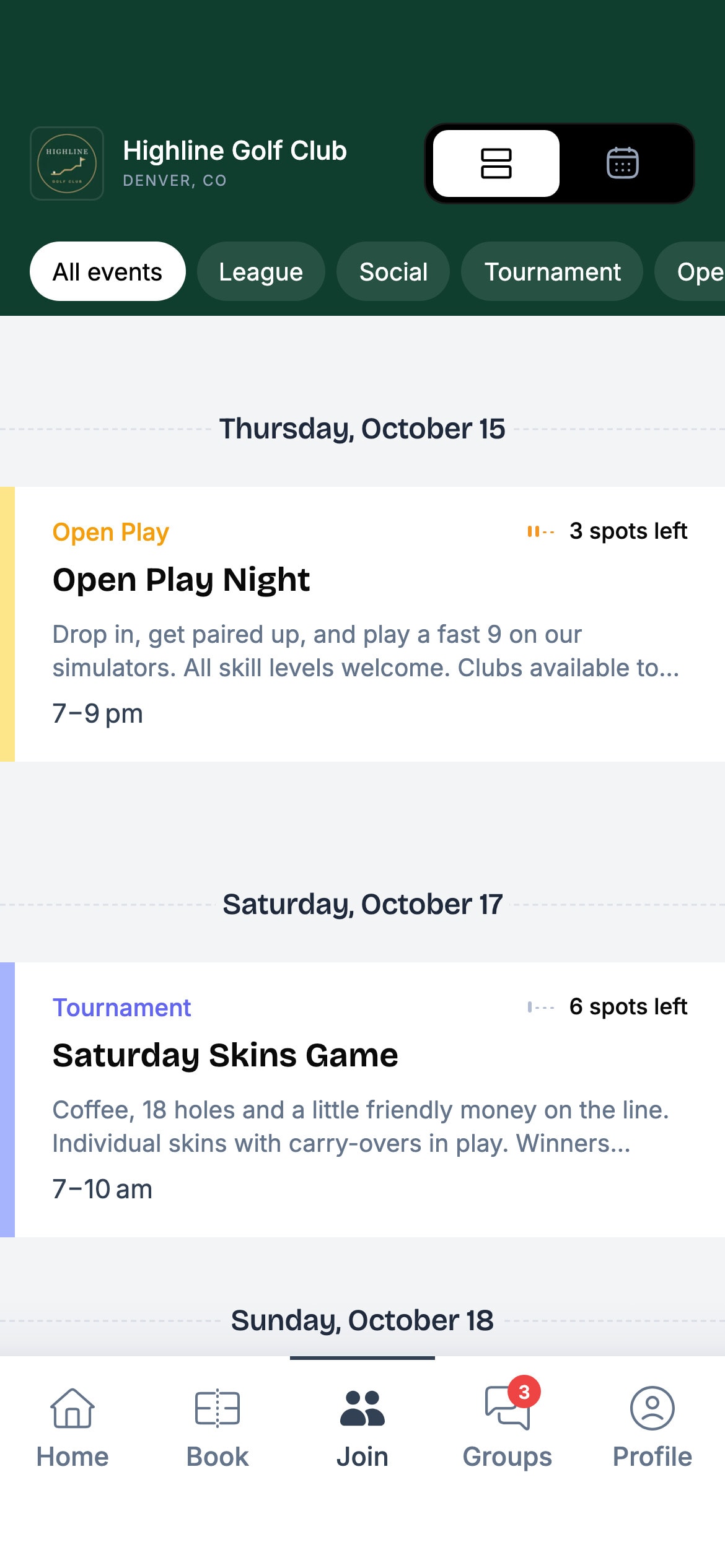 Upcoming open play, a skins game and a league night in the TeeDesk app